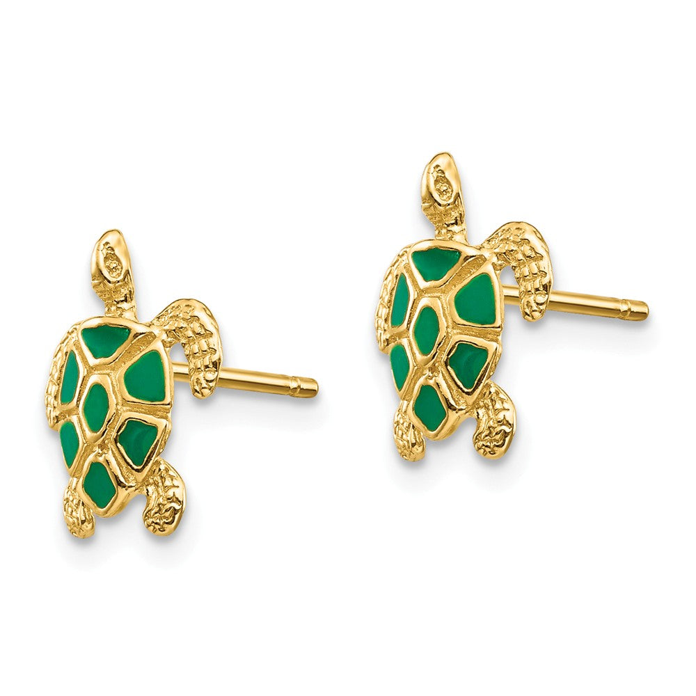 Alternate view of the Small Green Enameled Sea Turtle Post Earrings in 14k Yellow Gold by The Black Bow Jewelry Co.