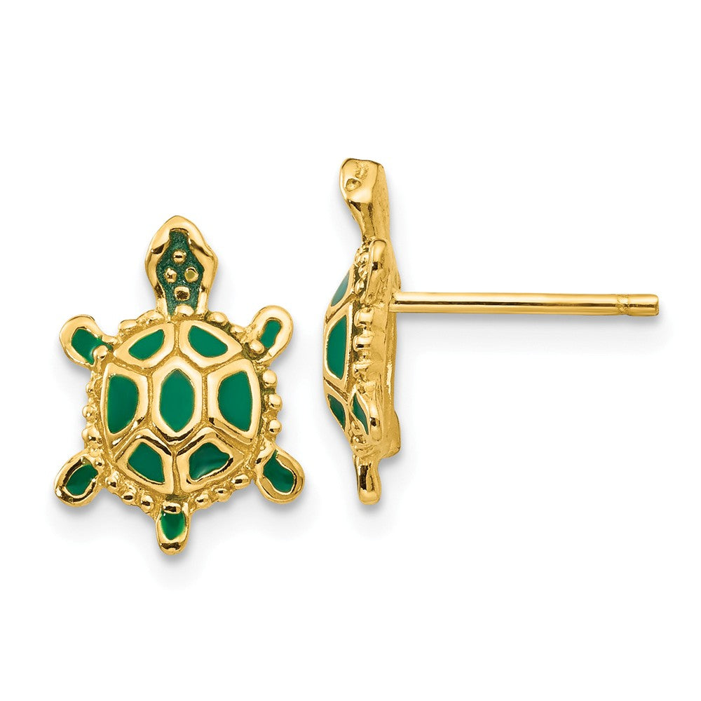 Small Green Enameled Turtle Post Earrings in 14k Yellow Gold, Item E10931 by The Black Bow Jewelry Co.