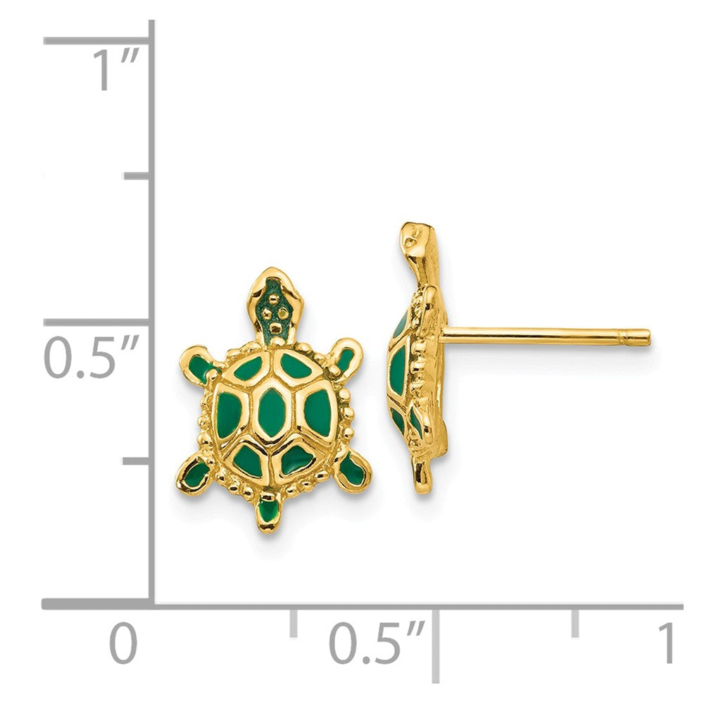Alternate view of the Small Green Enameled Turtle Post Earrings in 14k Yellow Gold by The Black Bow Jewelry Co.