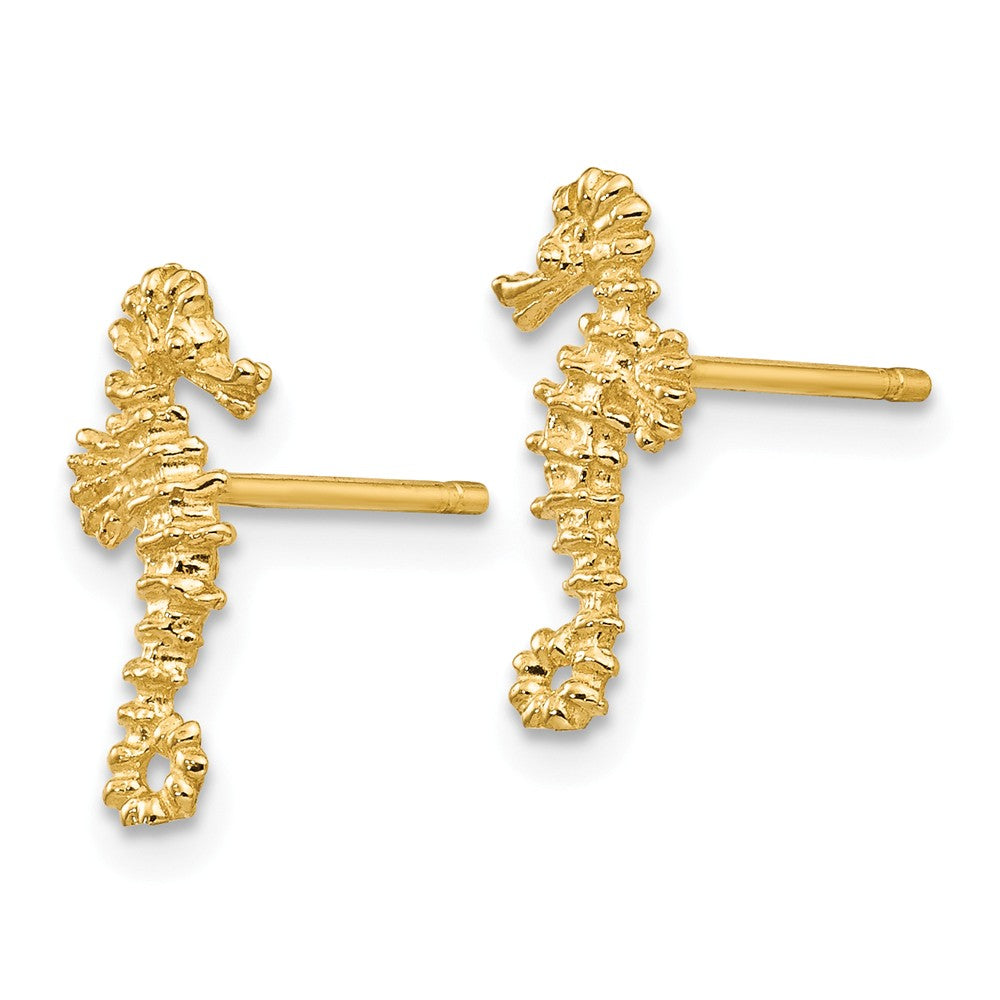 Alternate view of the Mini Textured Seahorse Post Earrings in 14k Yellow Gold by The Black Bow Jewelry Co.