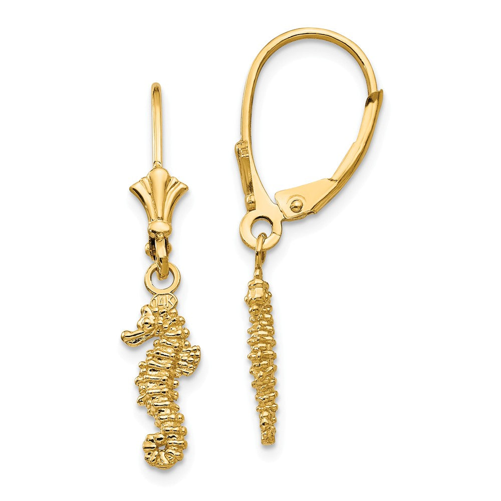 3D Mini Textured Seahorse Lever Back Earrings in 14k Yellow Gold, Item E10937 by The Black Bow Jewelry Co.