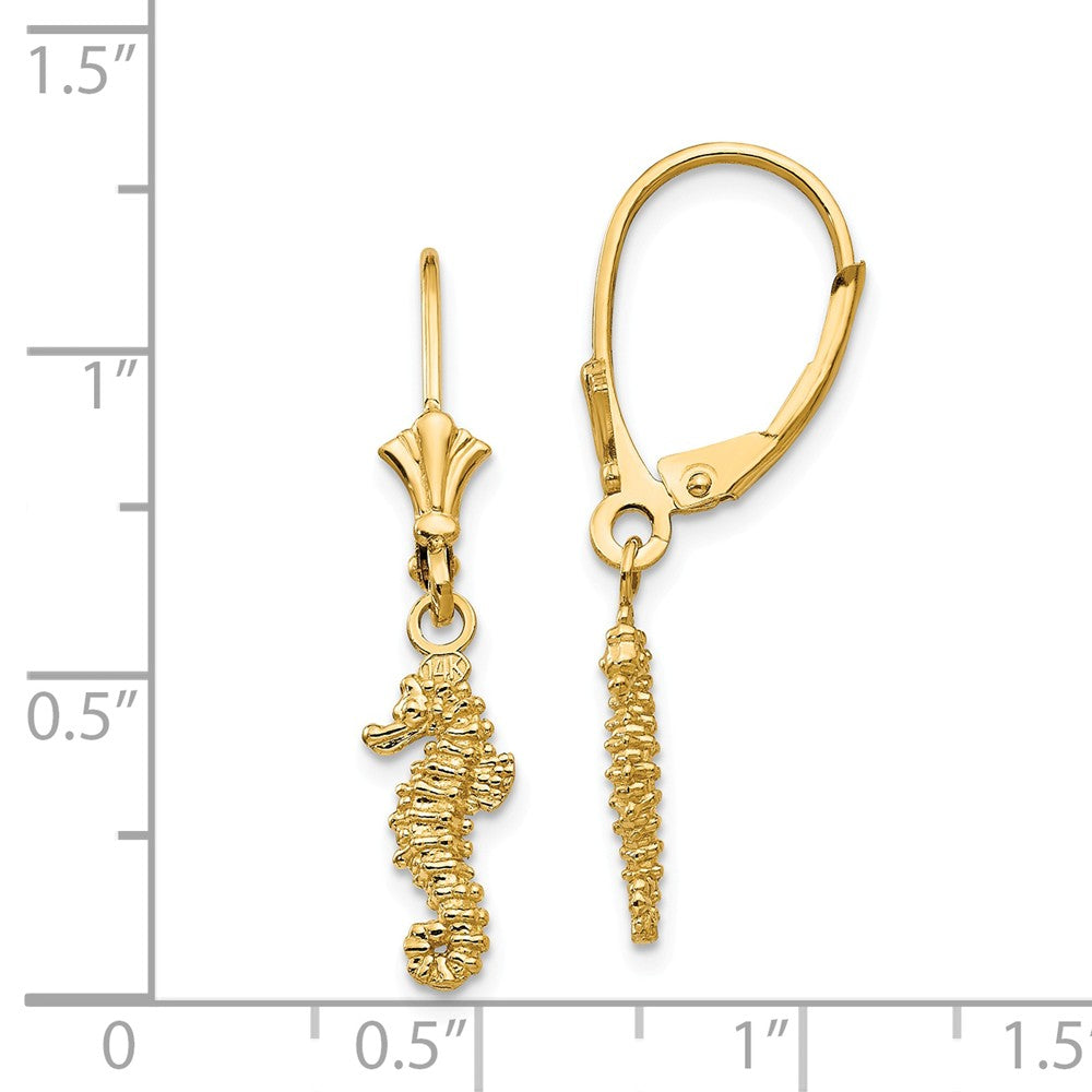 Alternate view of the 3D Mini Textured Seahorse Lever Back Earrings in 14k Yellow Gold by The Black Bow Jewelry Co.
