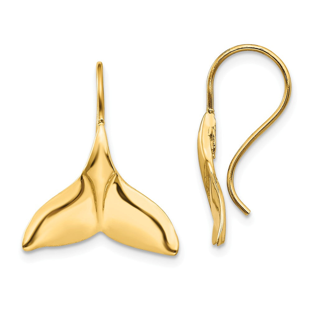 Polished Whale Tail Wire Drop Earrings in 14k Yellow Gold, Item E10940 by The Black Bow Jewelry Co.