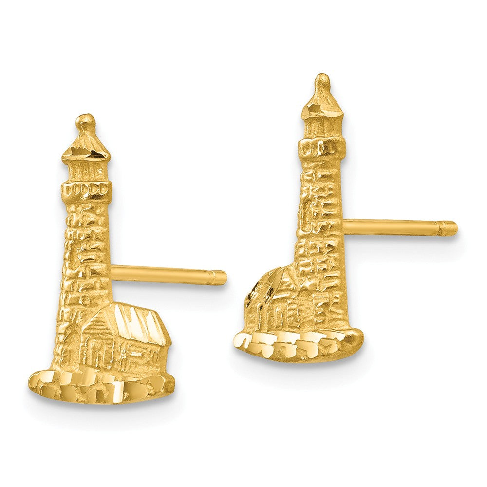 Alternate view of the 13mm Diamond Cut Lighthouse Post Earrings in 14k Yellow Gold by The Black Bow Jewelry Co.