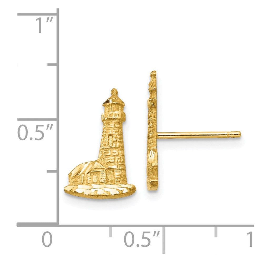 Alternate view of the 13mm Diamond Cut Lighthouse Post Earrings in 14k Yellow Gold by The Black Bow Jewelry Co.