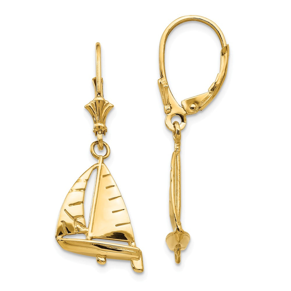 Polished 3D Sailboat Lever Back Earrings in 14k Yellow Gold, Item E10948 by The Black Bow Jewelry Co.