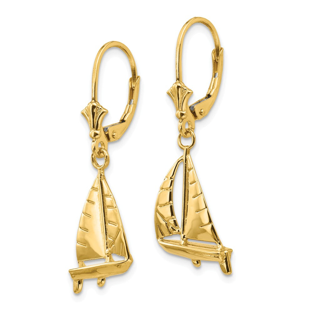 Alternate view of the Polished 3D Sailboat Lever Back Earrings in 14k Yellow Gold by The Black Bow Jewelry Co.