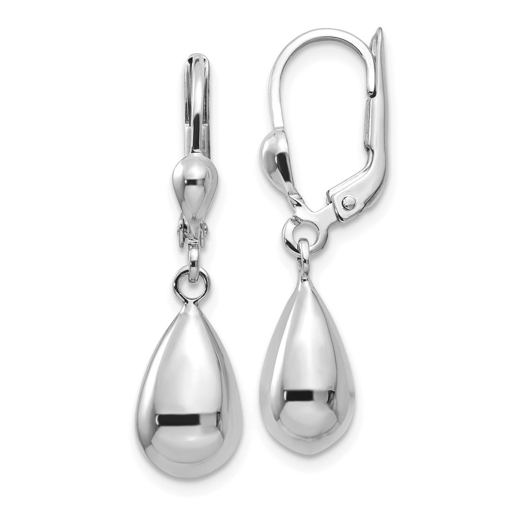 Polished 3D Teardrop Lever Back Earrings in 14k White Gold, Item E10958 by The Black Bow Jewelry Co.