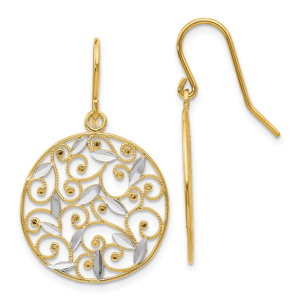 19mm Two Tone Filigree Circle Dangle Earrings in 14k Gold, Item E10959 by The Black Bow Jewelry Co.