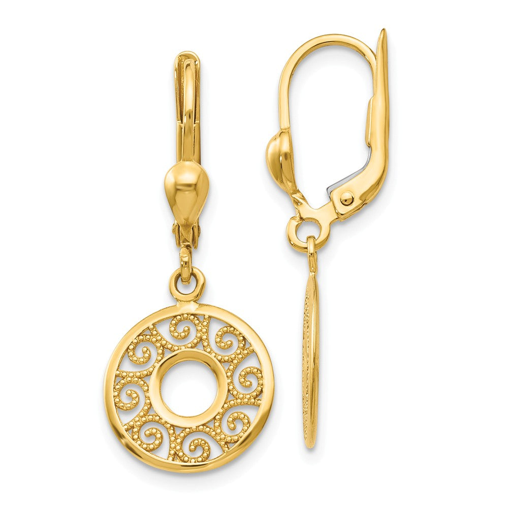 12mm Filigree Circle Lever Back Earrings in 14k Yellow Gold, Item E10969 by The Black Bow Jewelry Co.