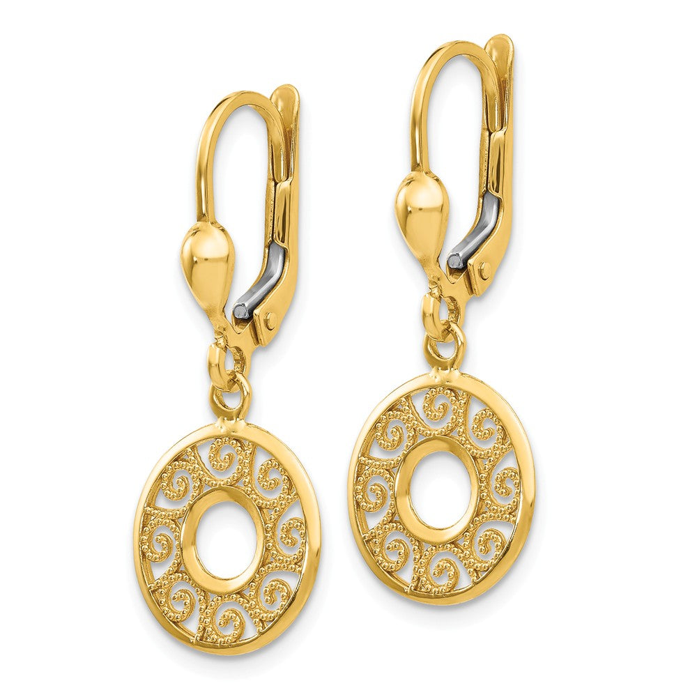 Alternate view of the 12mm Filigree Circle Lever Back Earrings in 14k Yellow Gold by The Black Bow Jewelry Co.