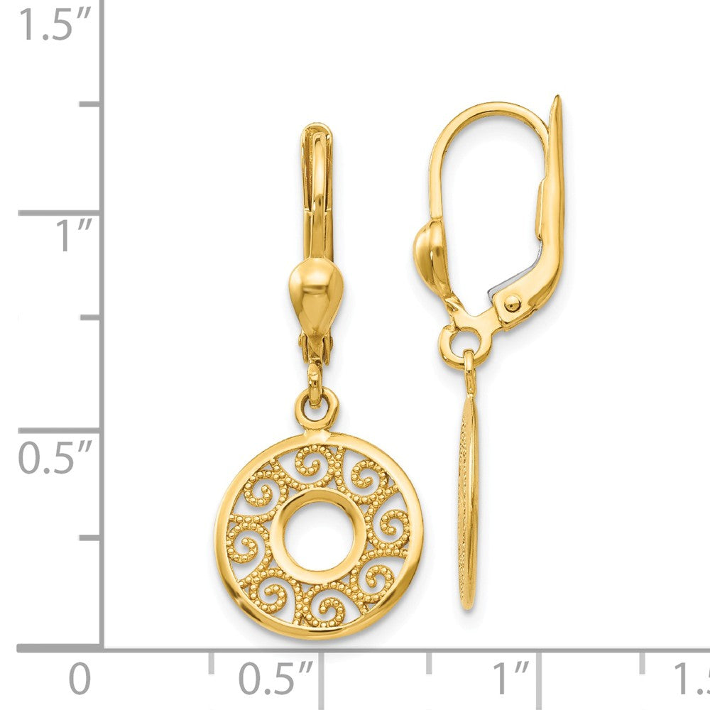 Alternate view of the 12mm Filigree Circle Lever Back Earrings in 14k Yellow Gold by The Black Bow Jewelry Co.