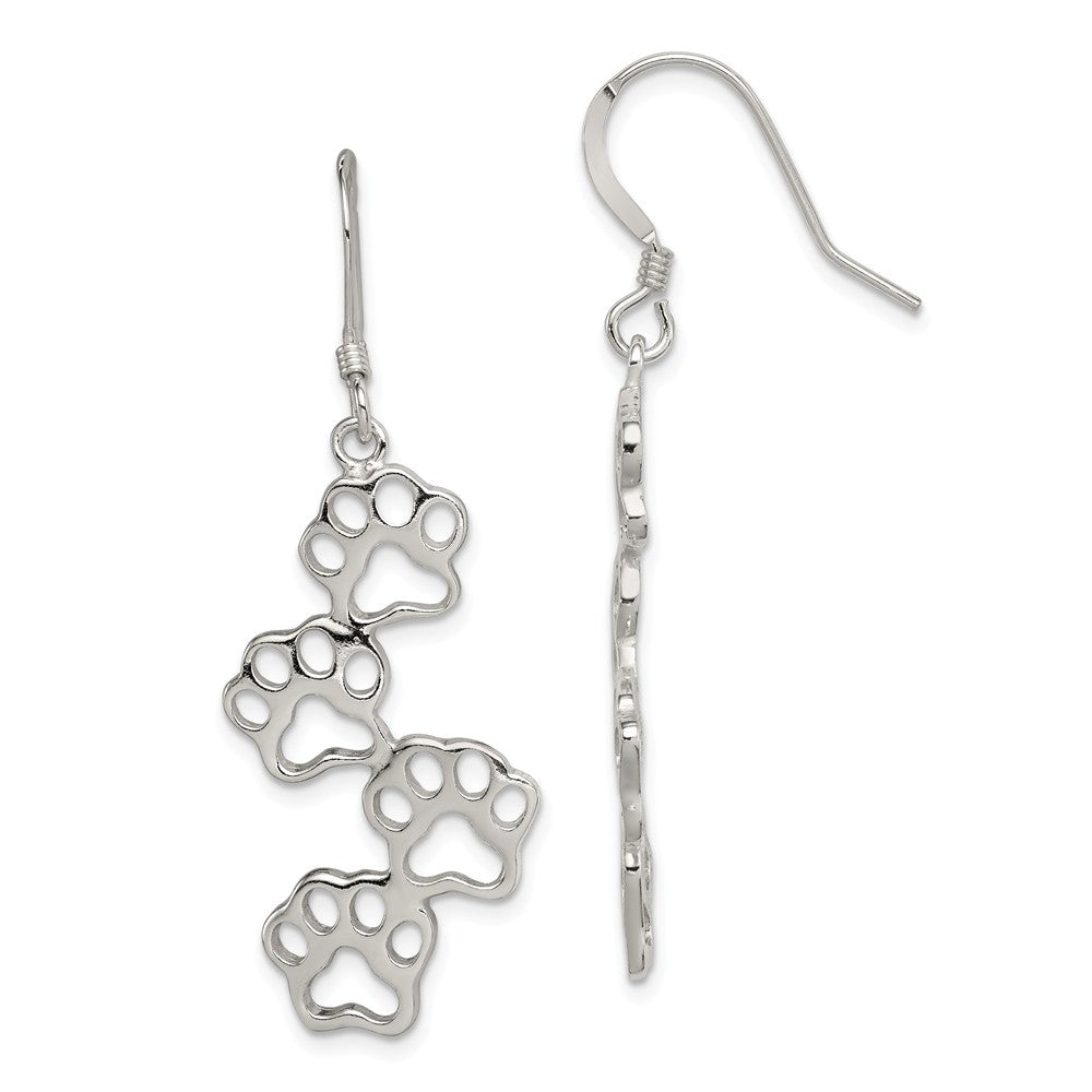 Polished Paw Prints Dangle Earrings in Sterling Silver, Item E10972 by The Black Bow Jewelry Co.