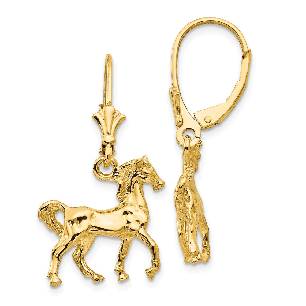 Polished 3D Horse Lever Back Earrings in 14k Yellow Gold, Item E10982 by The Black Bow Jewelry Co.