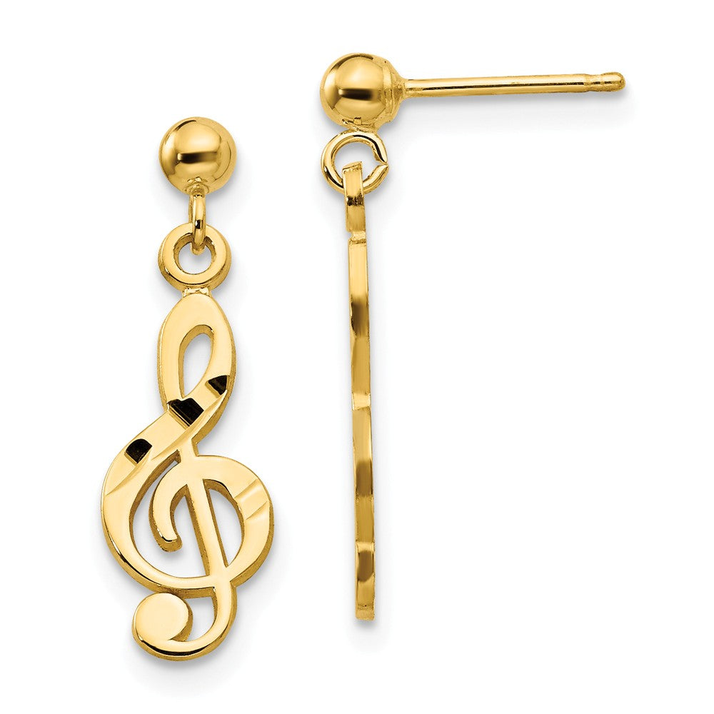 Satin and Polished Treble Clef Dangle Post Earrings in 14k Yellow Gold, Item E10987 by The Black Bow Jewelry Co.