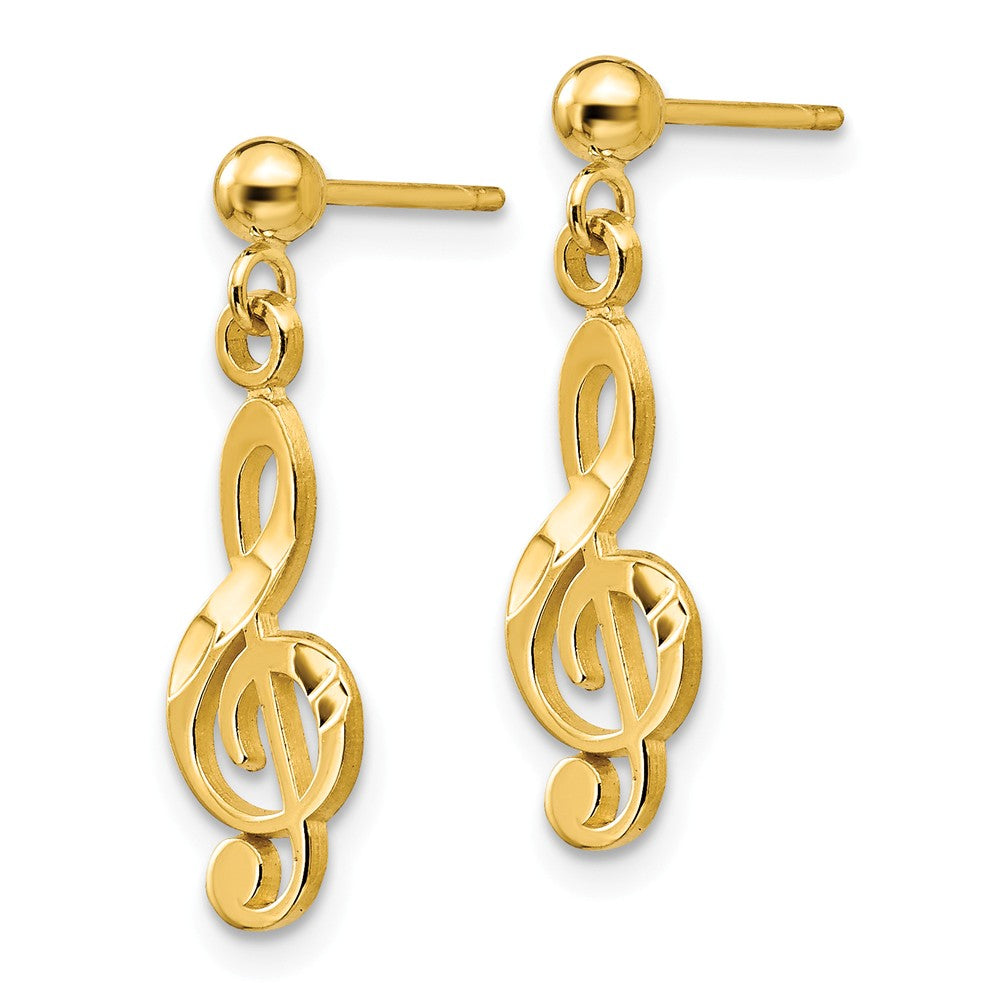 Alternate view of the Satin and Polished Treble Clef Dangle Post Earrings in 14k Yellow Gold by The Black Bow Jewelry Co.
