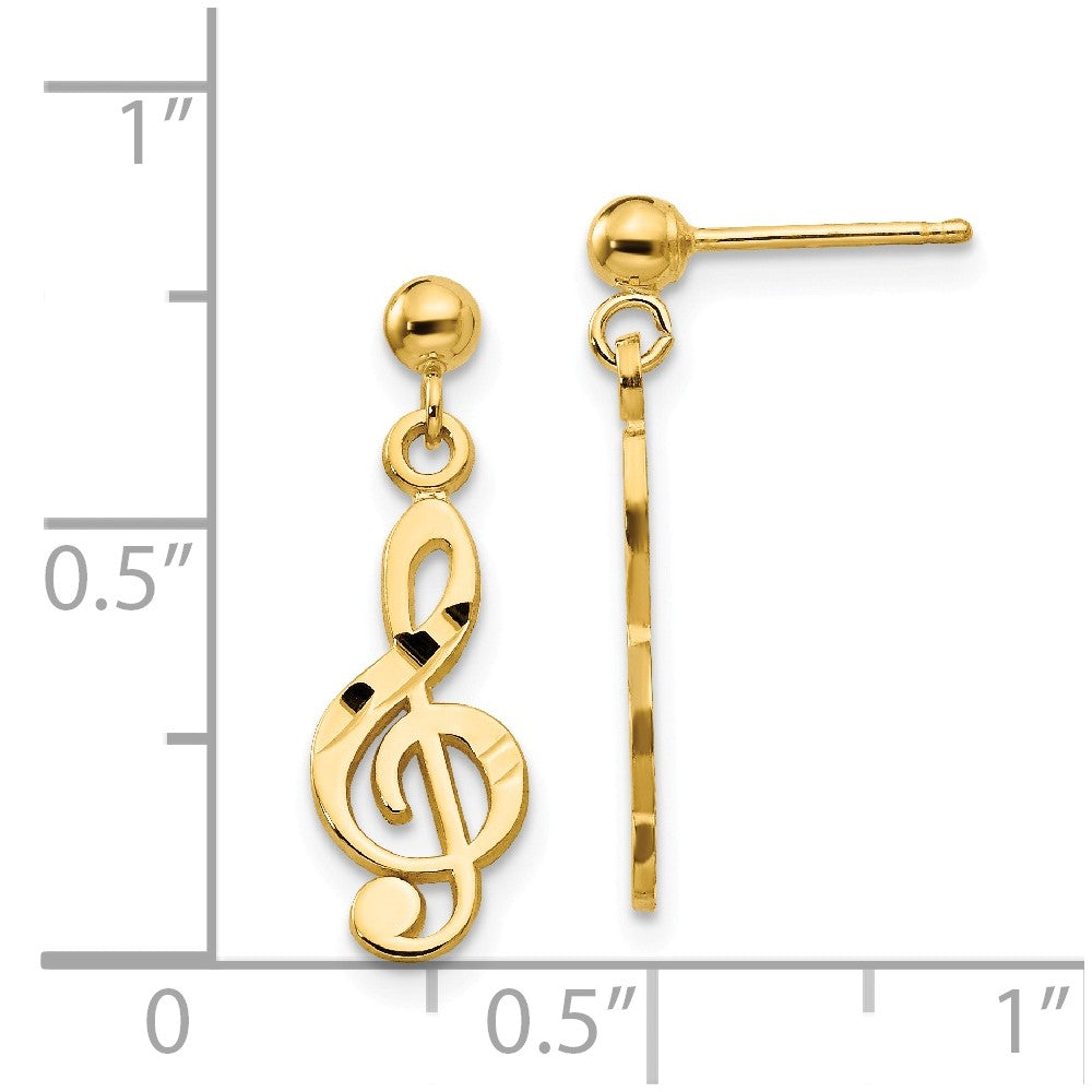 Alternate view of the Satin and Polished Treble Clef Dangle Post Earrings in 14k Yellow Gold by The Black Bow Jewelry Co.