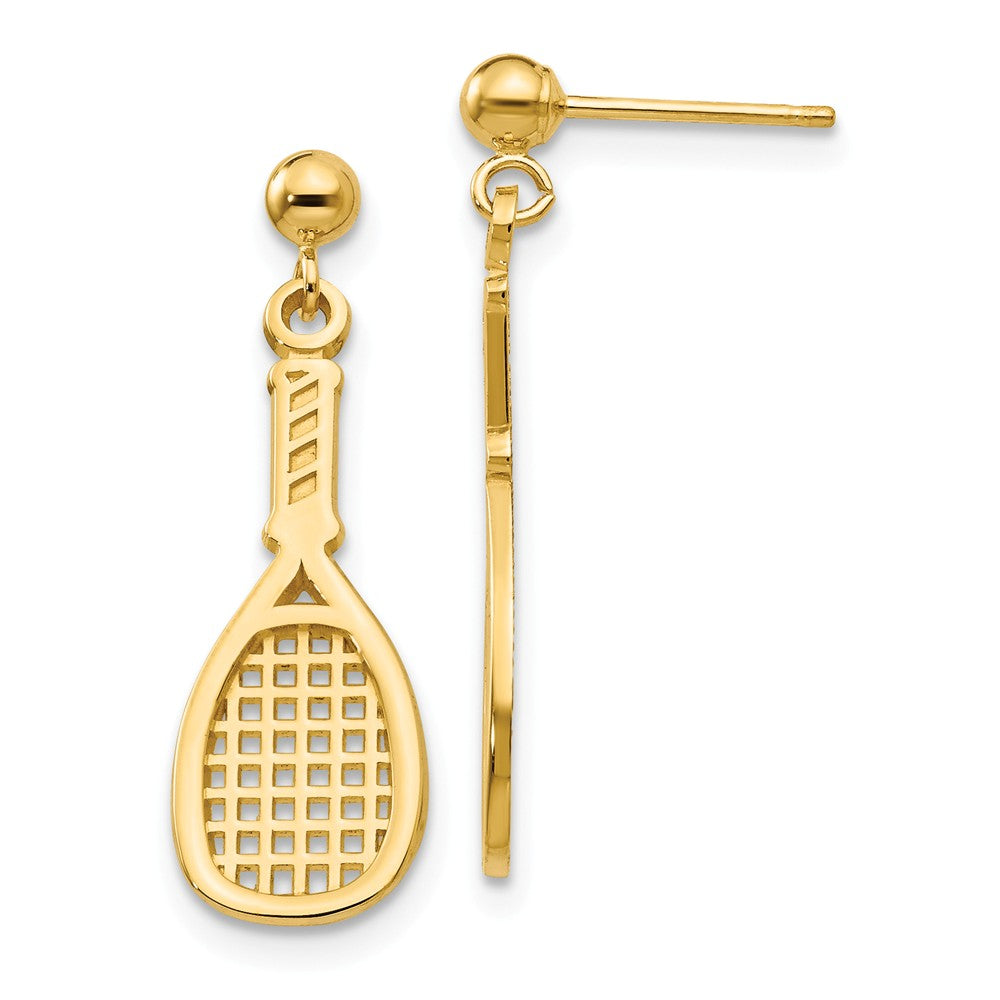 Sports Racquet Dangle Post Earrings in 14k Yellow Gold, Item E10992 by The Black Bow Jewelry Co.