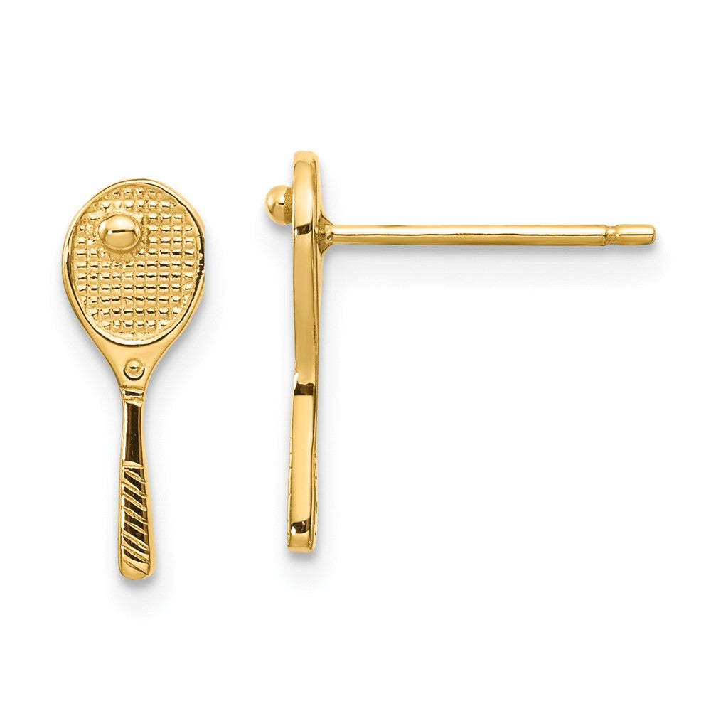 Mini Tennis Racquet and Ball Post Earrings in 14k Yellow Gold, Item E10994 by The Black Bow Jewelry Co.