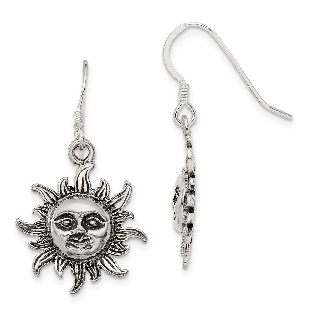 17mm Antiqued Sun Dangle Earrings in Sterling Silver, Item E11003 by The Black Bow Jewelry Co.