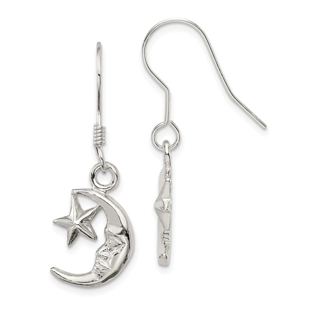 Polished Crescent Moon and Star Dangle Earrings in Sterling Silver, Item E11005 by The Black Bow Jewelry Co.