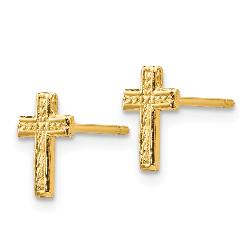 Alternate view of the 9mm Textured Cross Post Earrings in 14k Yellow Gold by The Black Bow Jewelry Co.