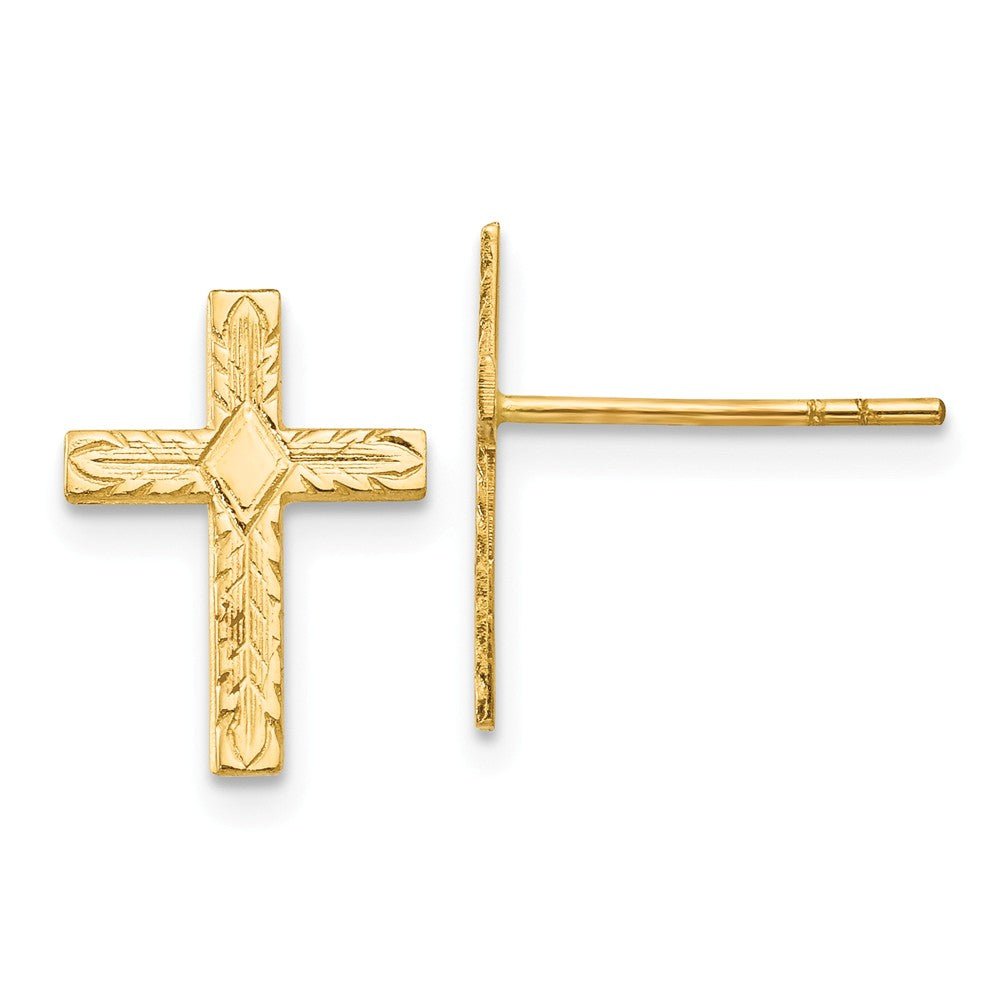 13mm Textured Cross Post Earrings in 14k Yellow Gold, Item E11041 by The Black Bow Jewelry Co.