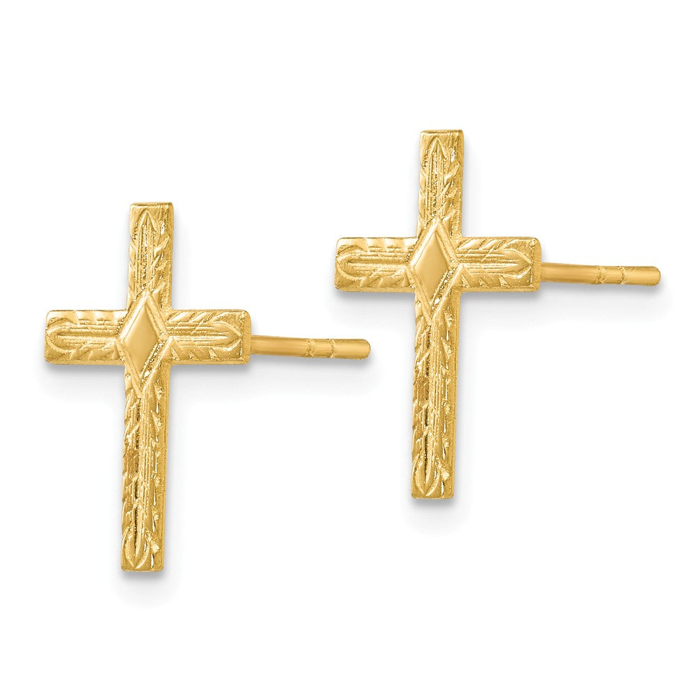 Alternate view of the 13mm Textured Cross Post Earrings in 14k Yellow Gold by The Black Bow Jewelry Co.