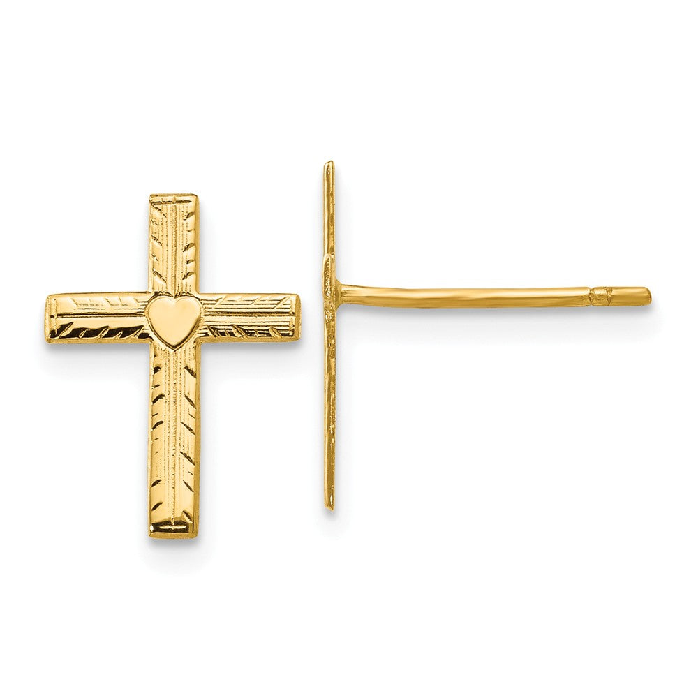13mm Polished and Satin Heart Cross Post Earrings in 14k Yellow Gold, Item E11043 by The Black Bow Jewelry Co.