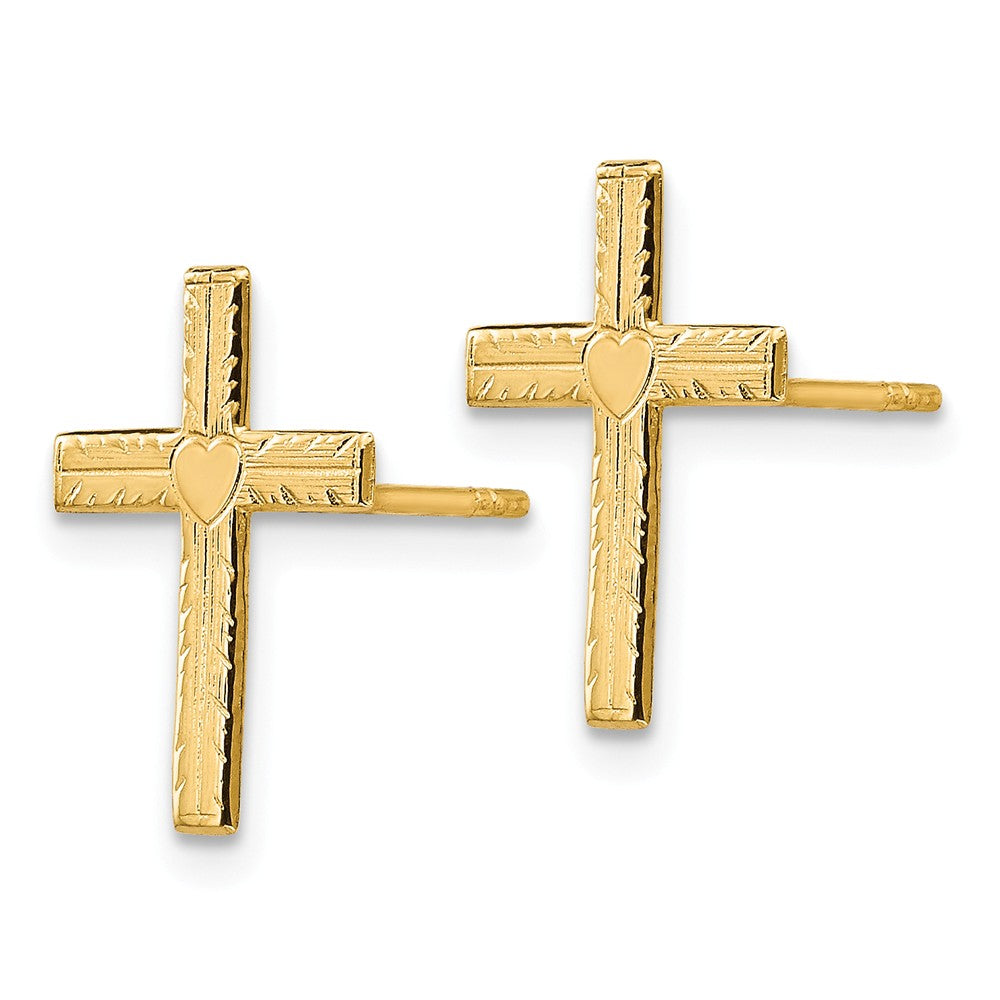 Alternate view of the 13mm Polished and Satin Heart Cross Post Earrings in 14k Yellow Gold by The Black Bow Jewelry Co.