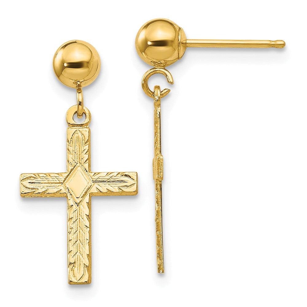 13mm Textured Cross Dangle Post Earrings in 14k Yellow Gold, Item E11045 by The Black Bow Jewelry Co.
