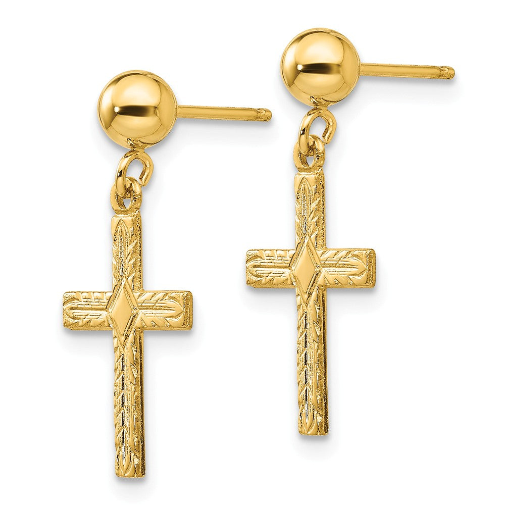 Alternate view of the 13mm Textured Cross Dangle Post Earrings in 14k Yellow Gold by The Black Bow Jewelry Co.