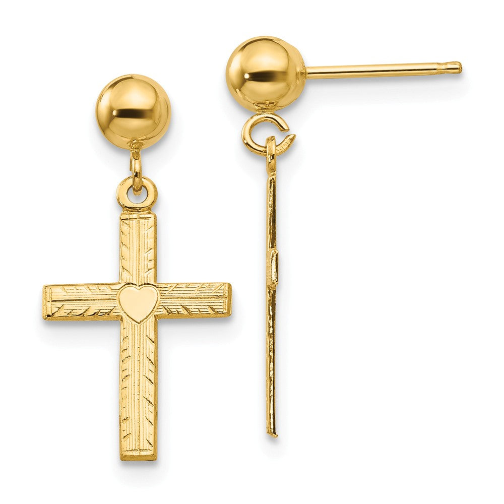 13mm Heart Cross Dangle Post Earrings in 14k Yellow Gold, Item E11046 by The Black Bow Jewelry Co.