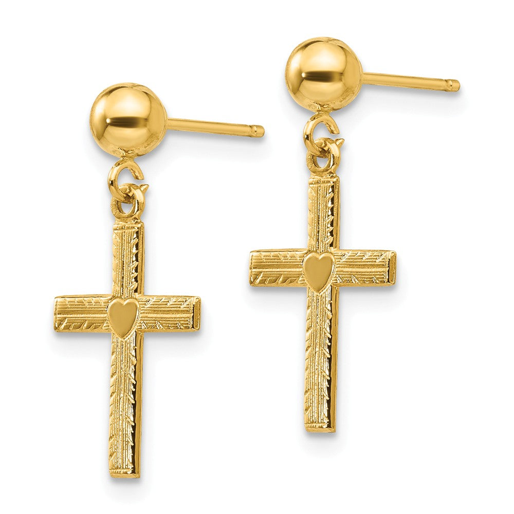 Alternate view of the 13mm Heart Cross Dangle Post Earrings in 14k Yellow Gold by The Black Bow Jewelry Co.