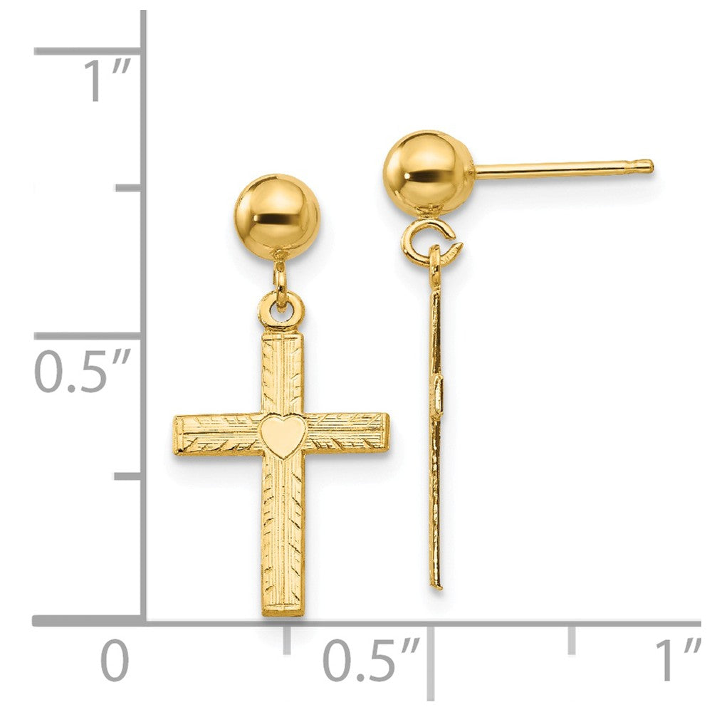 Alternate view of the 13mm Heart Cross Dangle Post Earrings in 14k Yellow Gold by The Black Bow Jewelry Co.