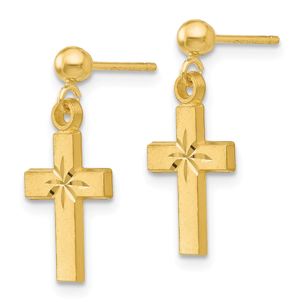 Alternate view of the Small Satin and Diamond Cut Cross Dangle Post Earrings in 14k Gold by The Black Bow Jewelry Co.