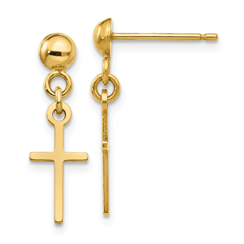 Small Polished Latin Cross Dangle Post Earrings in 14k Yellow Gold, Item E11049 by The Black Bow Jewelry Co.