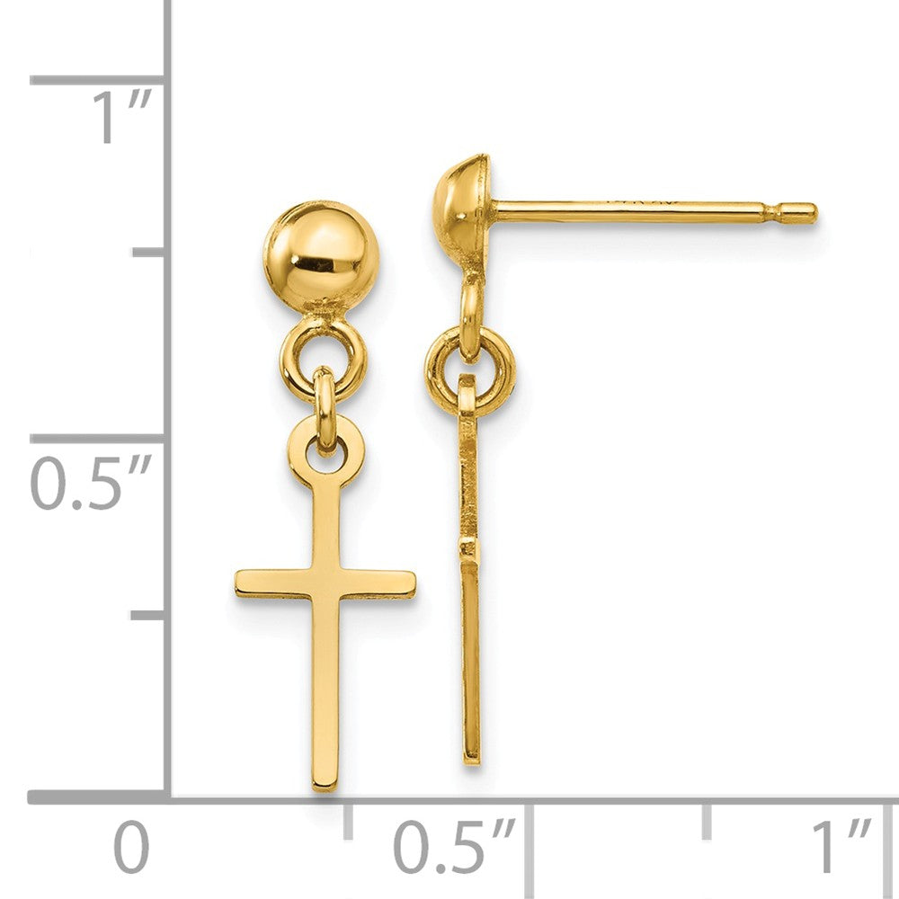 Alternate view of the Small Polished Latin Cross Dangle Post Earrings in 14k Yellow Gold by The Black Bow Jewelry Co.