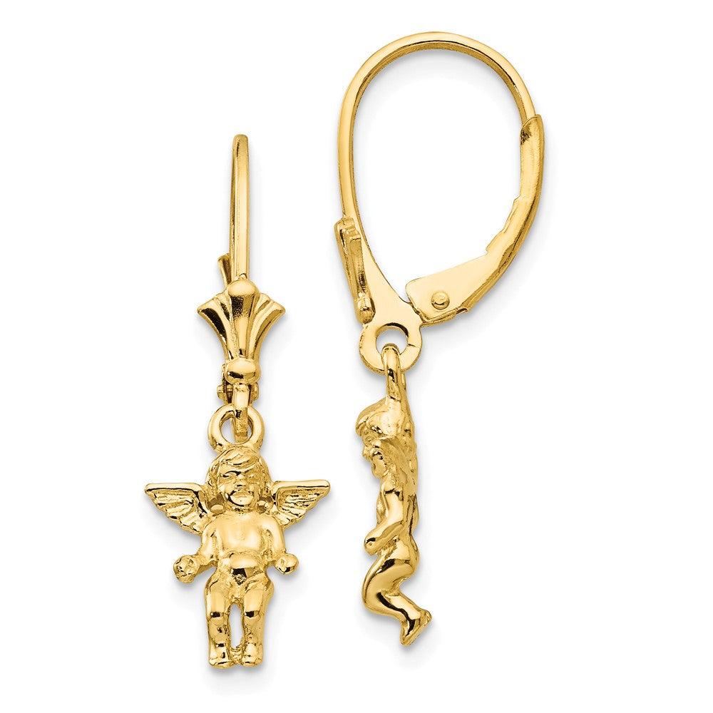 3D Mini Guardian Angel Lever Back Earrings in 14k Yellow Gold, Item E11051 by The Black Bow Jewelry Co.