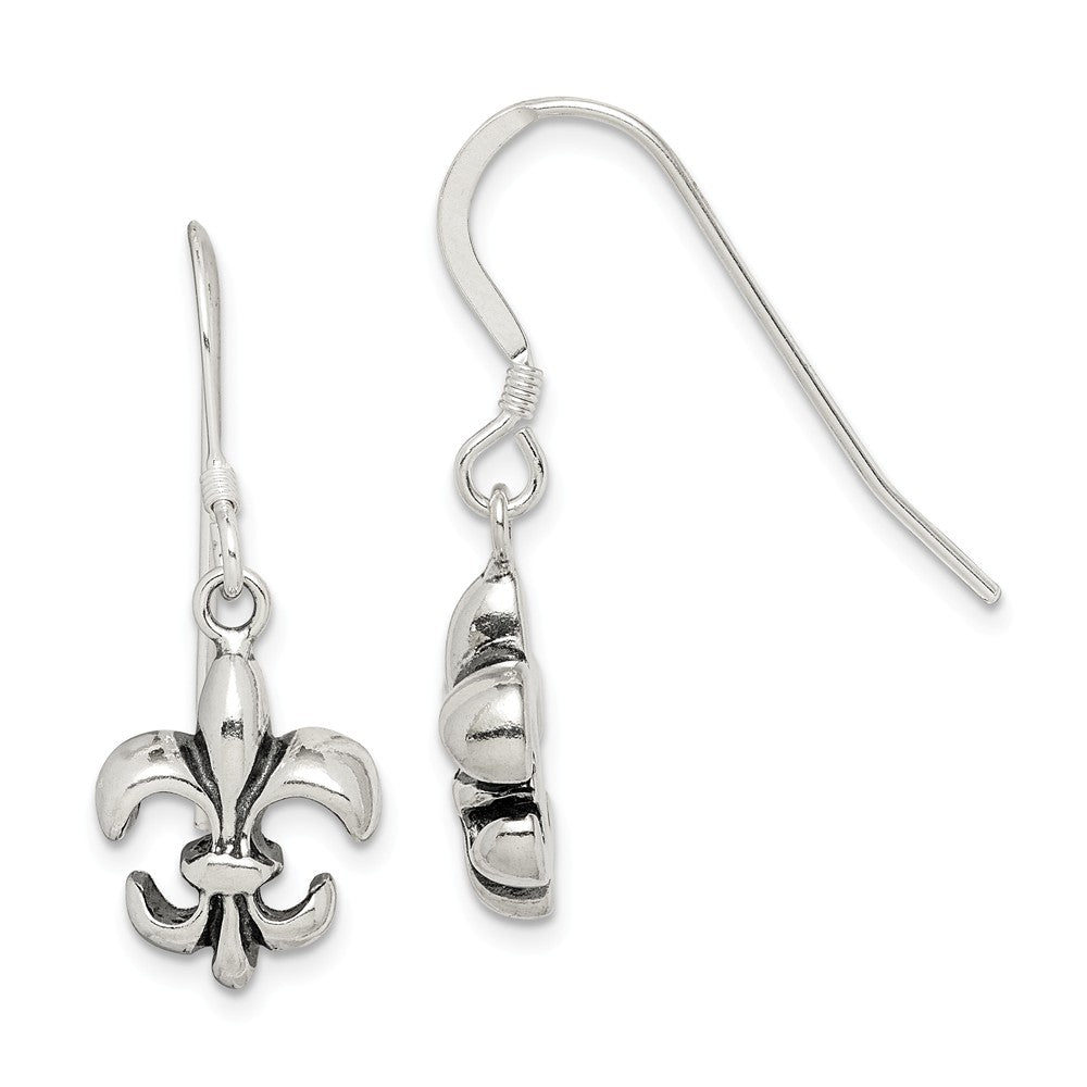 Fleur De Lis Dangle Earrings in Antiqued Sterling Silver, Item E11058 by The Black Bow Jewelry Co.