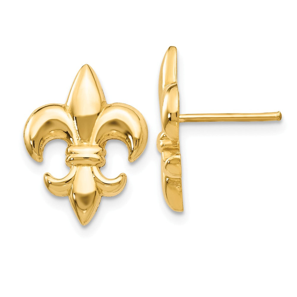 15mm Polished Fleur De Lis Post Earrings in 14k Yellow Gold, Item E11060 by The Black Bow Jewelry Co.