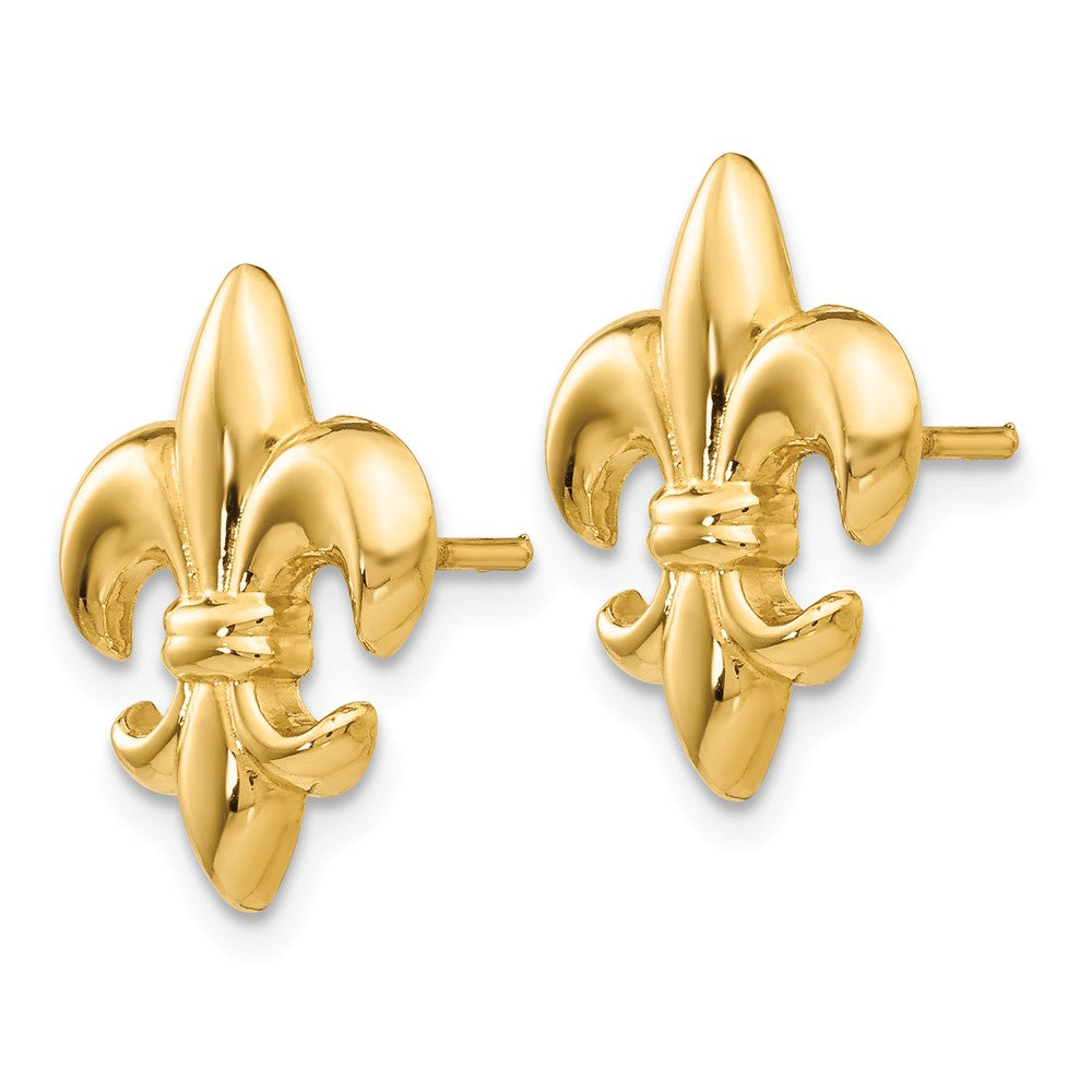 Alternate view of the 15mm Polished Fleur De Lis Post Earrings in 14k Yellow Gold by The Black Bow Jewelry Co.