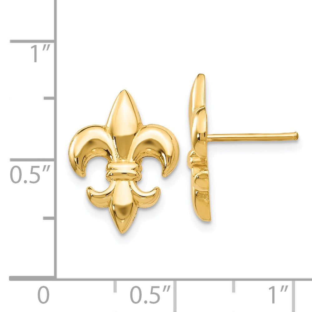 Alternate view of the 15mm Polished Fleur De Lis Post Earrings in 14k Yellow Gold by The Black Bow Jewelry Co.