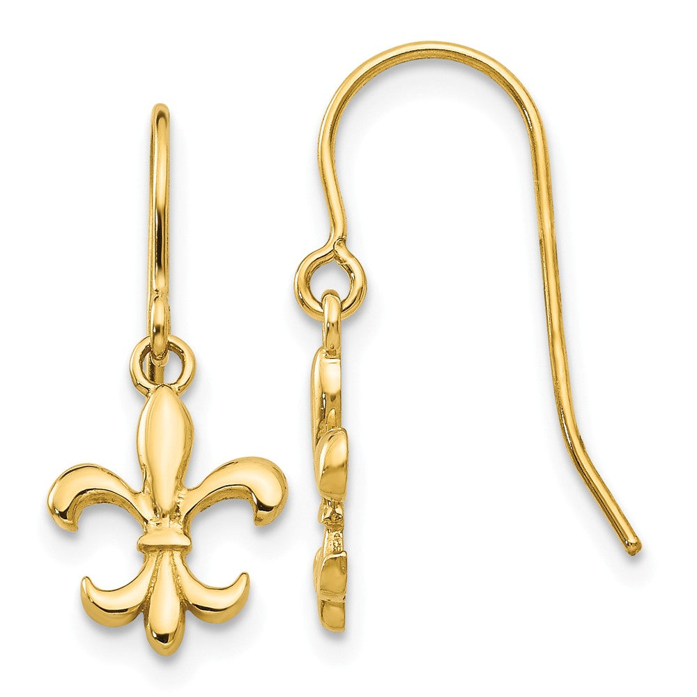 Small Polished Fleur De Lis Dangle Earrings in 14k Yellow Gold, Item E11062 by The Black Bow Jewelry Co.