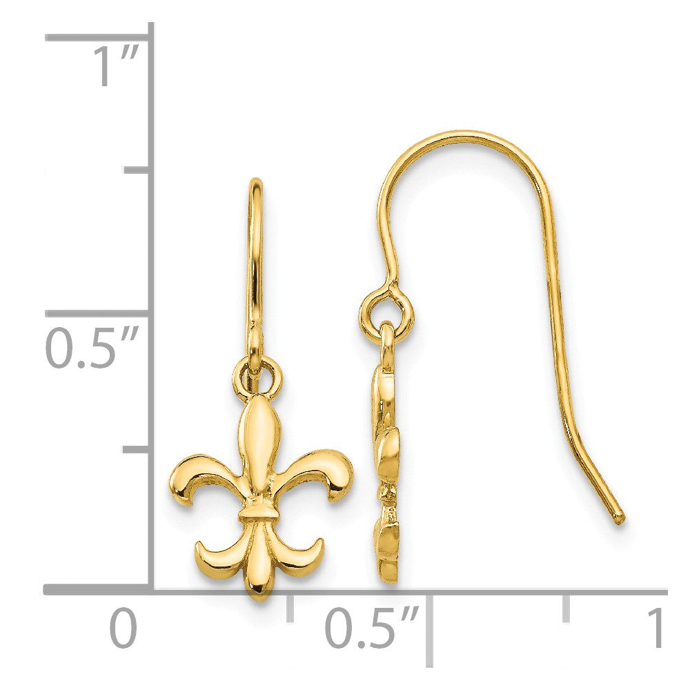 Alternate view of the Small Polished Fleur De Lis Dangle Earrings in 14k Yellow Gold by The Black Bow Jewelry Co.