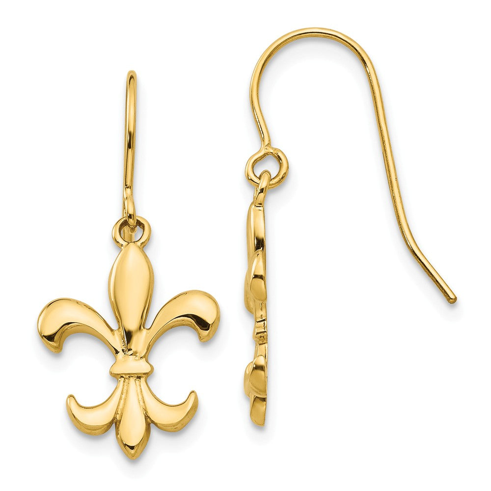 Polished Fleur De Lis Dangle Earrings in 14k Yellow Gold, Item E11063 by The Black Bow Jewelry Co.