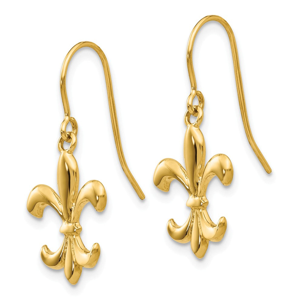 Alternate view of the Polished Fleur De Lis Dangle Earrings in 14k Yellow Gold by The Black Bow Jewelry Co.