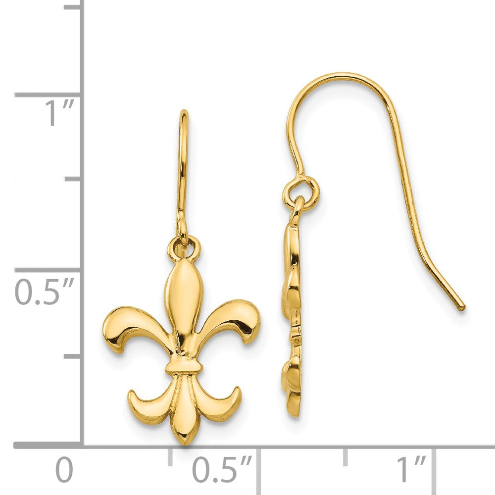 Alternate view of the Polished Fleur De Lis Dangle Earrings in 14k Yellow Gold by The Black Bow Jewelry Co.