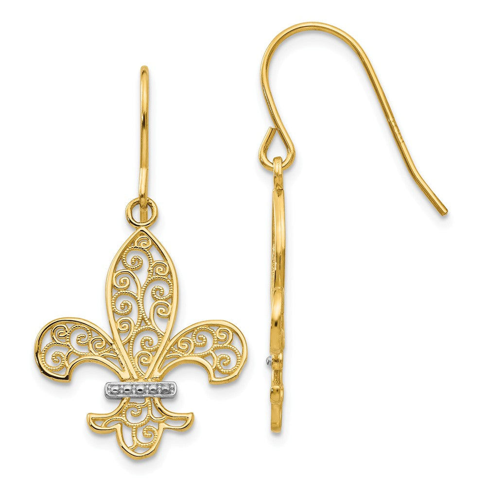 Two Tone Fleur De Lis Filigree Dangle Earrings in 14k Gold, Item E11066 by The Black Bow Jewelry Co.