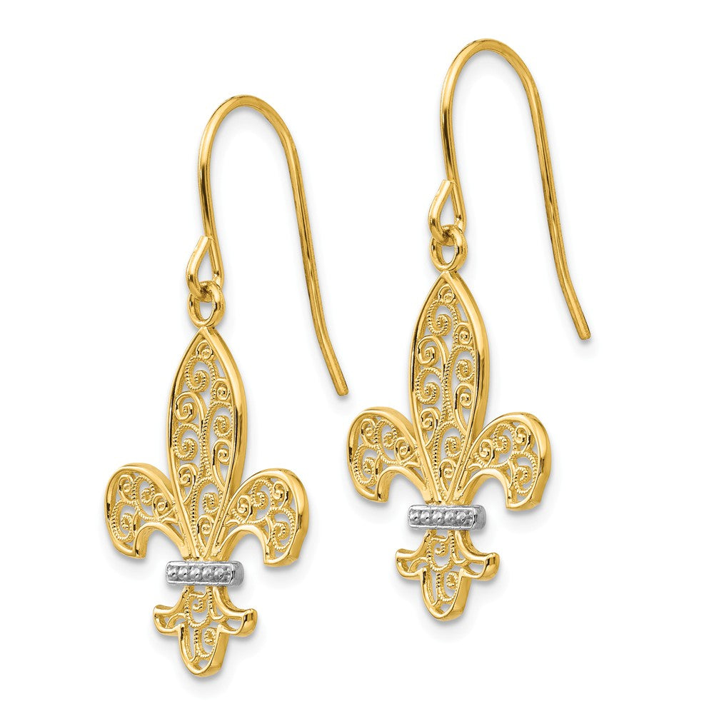 Alternate view of the Two Tone Fleur De Lis Filigree Dangle Earrings in 14k Gold by The Black Bow Jewelry Co.